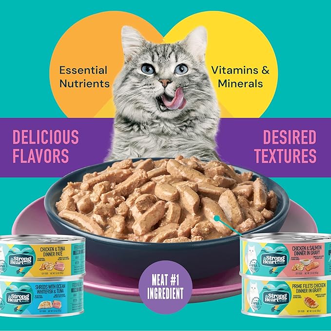 A Strong Heart Wet Cat Food Variety Pack, 4 Flavor Chicken & Seafood Patés & Shreds in Gravy Recipes, Made with Real Chicken & Fish, Made in The USA, 5.5oz Can (40 Count)