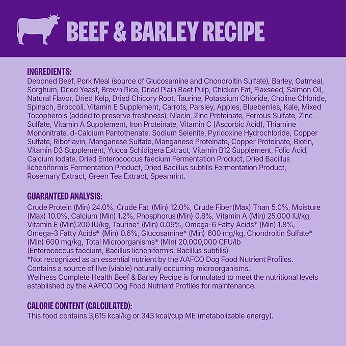 Wellness Complete Health Adult Dry Dog Food, Wholesome Grain Kibble, Natural, Beef and Barley Recipe, 26 lb Bag