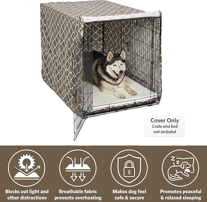 MidWest Homes for Pets XL Dog Crate Cover With Teflon Fabric Protector, Poly-Cotton Privacy Kennel Cover Fits Most 48-inch Crates, Brown Designer Print, Washable, Reduces Barking
