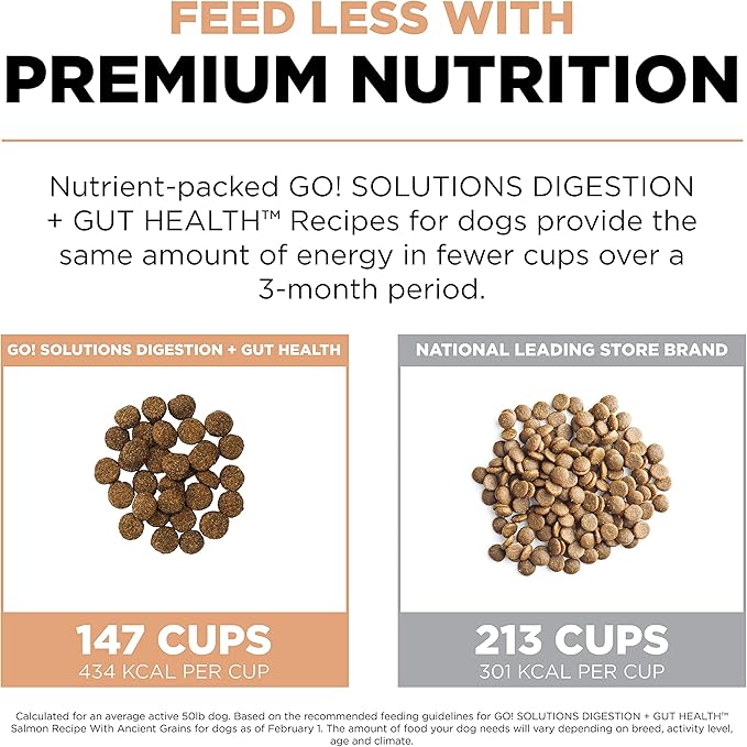 Go! Solutions Digestion + Gut Health Salmon Dry Dog Food, Premium Chicken-Free Kibble for Gastrointestinal & Digestive Wellness, Supports Sensitive Stomachs, for Puppies, Adults & Seniors, 12 lb Bag