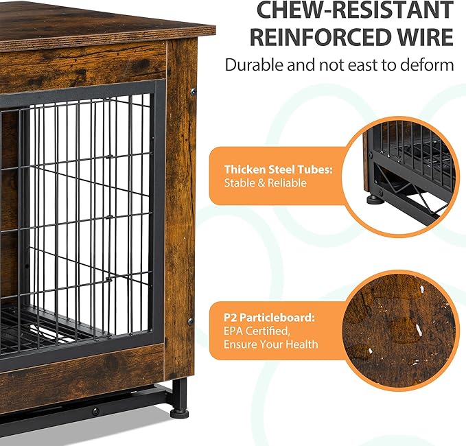 Shintenchi Wooden Dog Crate Furniture for Large Breed, L Double-Door Kennel Indoor with Removable Tray, End Table L Dog Crate for Decoration, 44.1" L, Brown