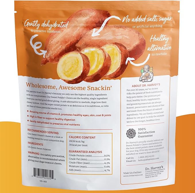 Dr. Harvey's Sweet Potato Chews for Dogs, Dog Treats for Small, Medium, Large Dogs, Natural Dog Snacks for Training, Healthy Teeth, Preventing Bad Breath, and Aggressive Chewers, USA Grown (1 Pound)