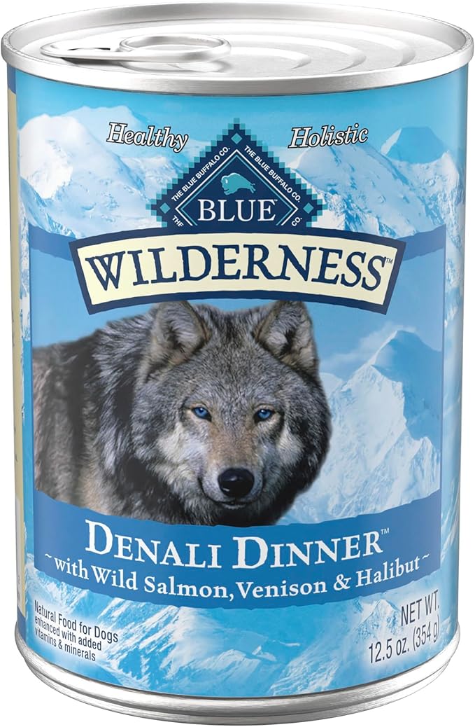 Blue Buffalo Wilderness Denali Dinner Wet Dog Food, High-Protein & Grain-Free Wild Salmon, Venison & Halibut, 12.5-oz Can (12 Count)