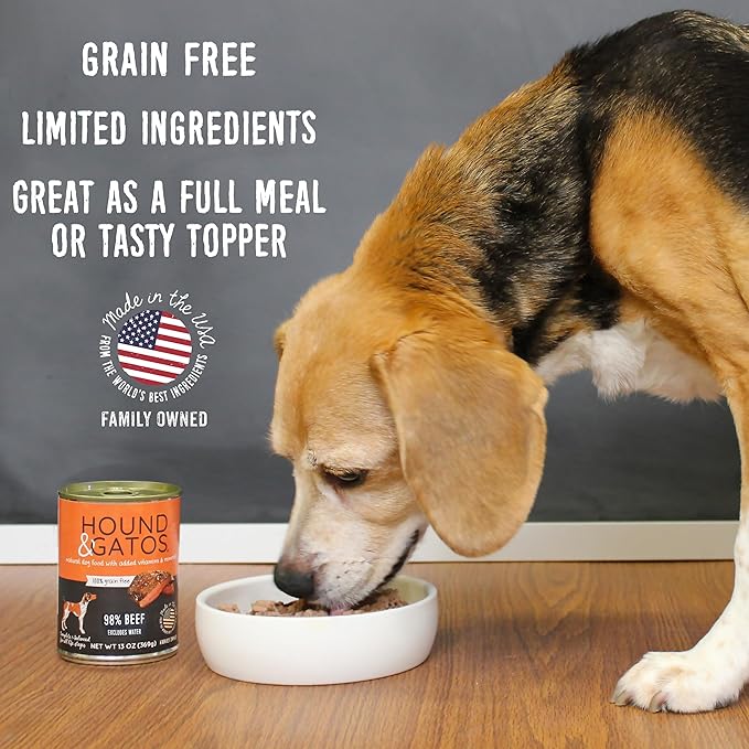 Hound & Gatos Wet Dog Food, 98% Real Meat, Single Protein Beef Recipe, Supports Digestive Health, High Protein, Limited Ingredients, Grain Free 13 oz. Cans (Pack of 12)