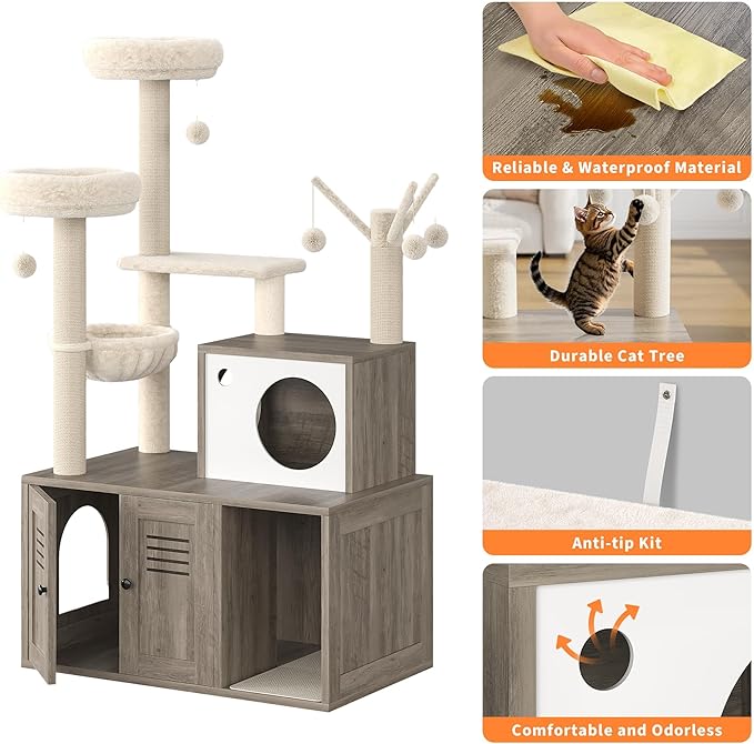Modern Wooden Cat Tower with Hidden Litter Box Enclosure, Multi-Level Cat Condo, Scratching Posts, Cozy Hanging Basket & Toy, Durable Cat Tree Furniture for Indoor Cats, Smoke