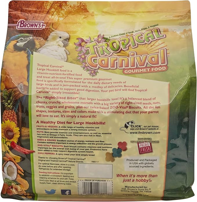 F.M. Brown's Tropical Carnival Gourmet Large Hookbill Food for Parrots, Cockatoos and Macaws Over 13", Vitamin-Nutrient Fortified Daily Diet, 5lb