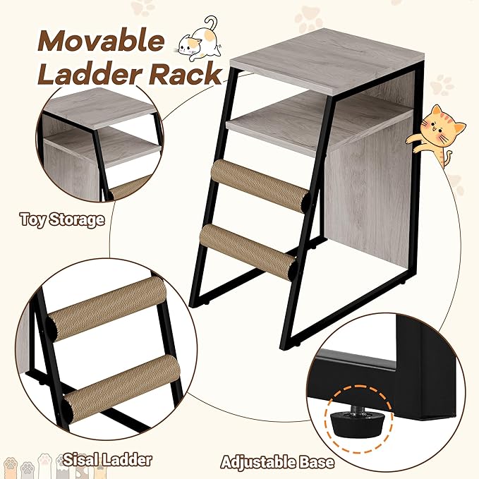 GarveeLife Cat Litter Box Enclosure with Doors, Double Cat House with Storage Space, Enclosed Litter Box Furniture with Ladder, Grey