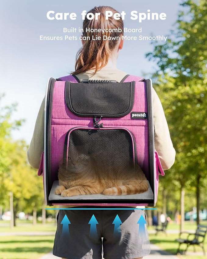 Pecute Cat Backpack Carrier Expandable, Pet Backpack for Cats & Small Dogs Up to 11lbs, with 4-Side Breathable Mesh, Multi-Entry & Lockable Zippers for Travel, Hiking, Camping - Hands Free, Pink