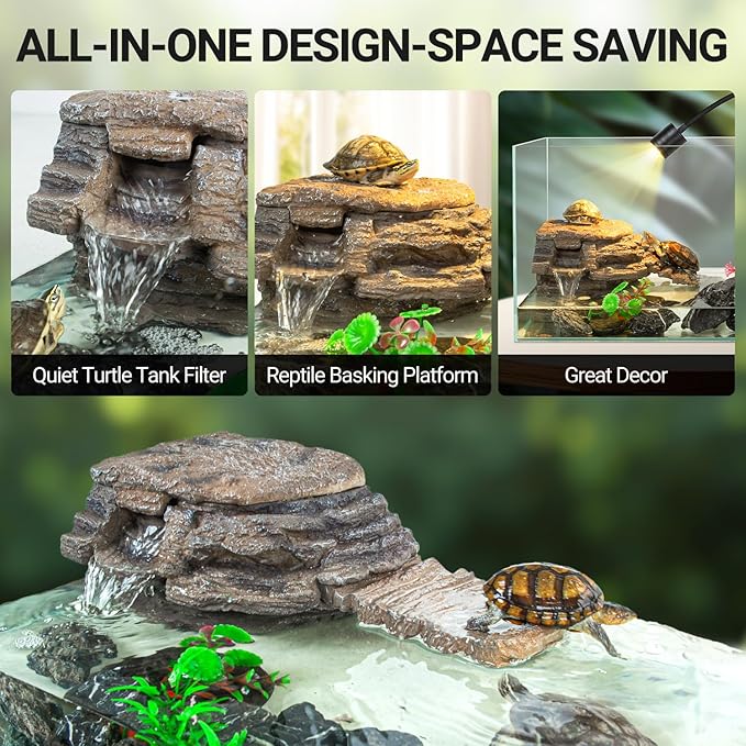 REPTIZOO Turtle Tank Filter, 120GPH Turtle Filter Basking Platform with Detachable Bridge for Climbing Ramps and Diving, Quiet Aquatic Reptile Filter Keeps Water Clean, Terrarium Decor