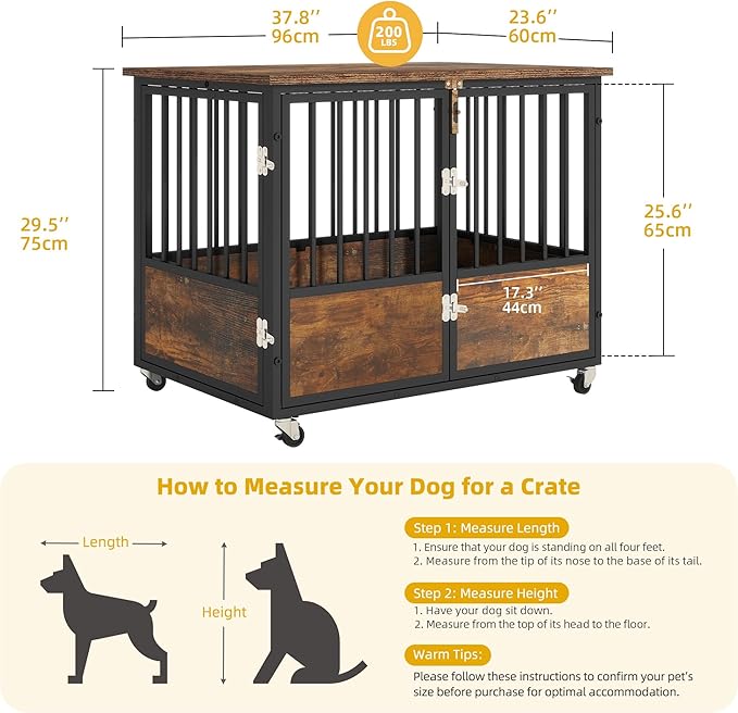 DWVO Dog Crate Furniture with Wheels, 38 Inch Dog Kennel Indoor Furniture End Table Dog Crate for Dogs, Farmhouse Decorative Wooden Dog Cage Table with Double-Doors, Chew-Resistant, Rustic Brown