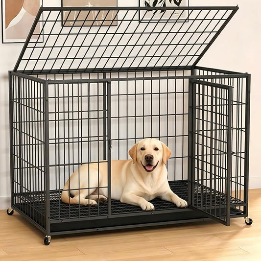 HIWOKK 48 Inch Large Dog Crate, Escape Proof Dog Cage with Dual Door Lock and Swivel Casters,Removable Tray for Easy Cleaning, Dog Kennel Indoor Outdoor Use