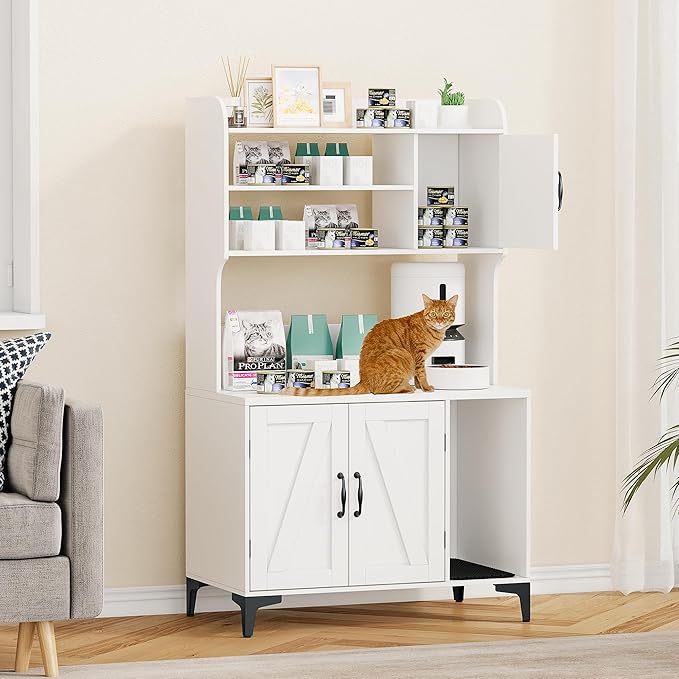 Garvee Cat Litter Box Enclosure with Shelves,Hidden Cat Box Furniture,Litter Box Cabinet with Scratching Mat,Wood Sturdy Cat Washroom Storage Indoor, White