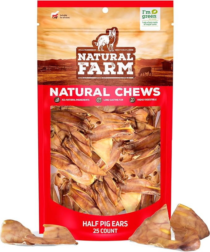 Natural Farm Half Pig Ears for Dogs (25-Pack), One Ingredient: Natural Pigs Ears, Air Dried, Long-Lasting & Highly Digestible Treats, Great for Puppy and Large/Medium Dogs
