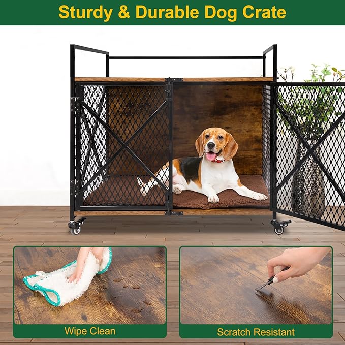 31" Dog Crate Indoor Furniture-Style for Medium & Small Dogs, Heavy Duty Wooden Indoor Dog Cage with 4 Lockable Wheels & Cushion for Living Room, Bedroom, House, Rustic Brown