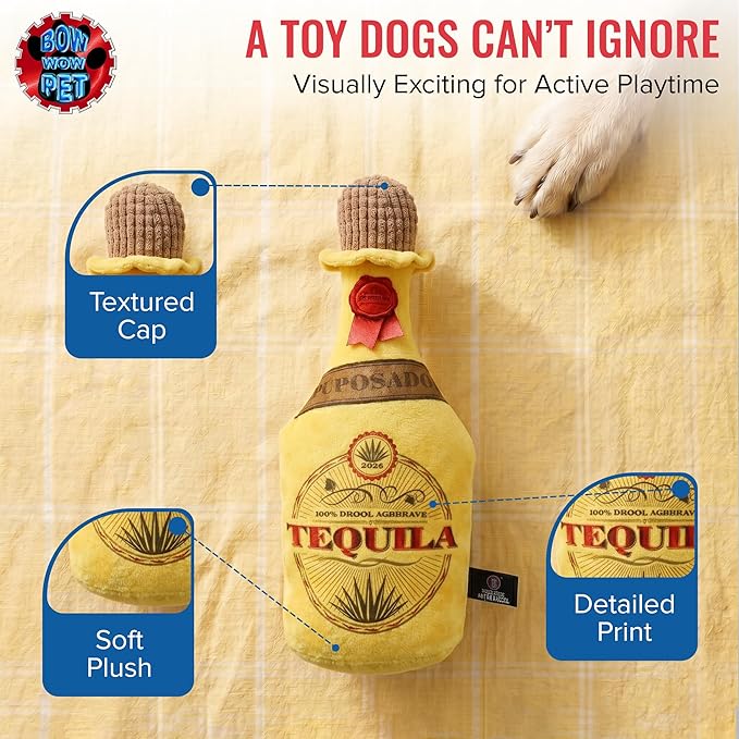 Bow Wow - Tequila Bottle Squeaky Plush Dog & Cat Toy | Funny Novelty Pet Toy with Crinkle Sound | Soft Chew Teeth Teasing Toy | Small to Medium Dogs & Cats | Interactive Indoor Plush Toy
