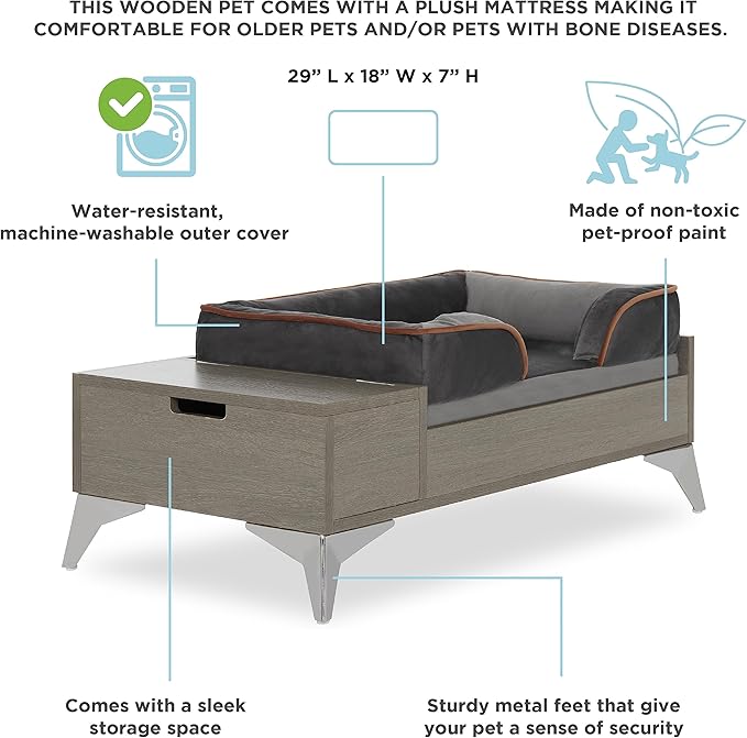Wooden Dog Bed with Mattress, Small to Medium Elevated, Water Resistant Pet Bed, Wooden Pet Bed with Storage, Greenguard Gold Certified, Machine Washable Cover, Smokey Grey, Wyatt - TailZzz