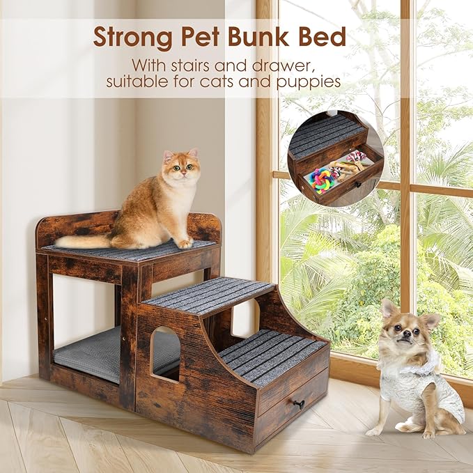 Cat Window Perch with Removable Stairs, Large Pet Bunk Bed with Drawer and Cushion for Cats and Dogs, Strong Frame Pet Bed for Bedside, Home, Indoor, Rustic Brown