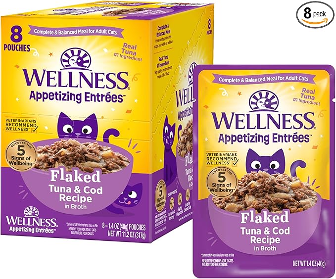 Wellness Appetizing Entrées Flaked Adult Wet Cat Food, Natural, Protein Rich, Grain Free, Tuna and Cod Recipe, 1.4 oz, Pack of 8 Pouches