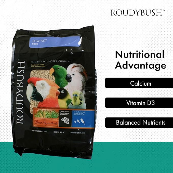 RoudyBush Low Fat Food for Adult Birds & Chicks - Scientifically Formulated Bird Feed, Bird Food Pellets w/Corn, Wheat, Soy & More - Nutritious & Healthy Feed for Birds (Medium, 25lb)