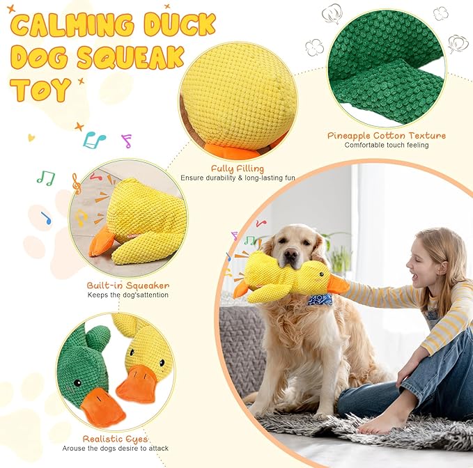 Calming Duck Dog Toy for The Mellow Pets,2025 Upgrade Squeak Dogs Toys Yellow Best Friends, Stuffed Duck Dog Toys for Small Cats Indoor Puppy Essentials (Green)