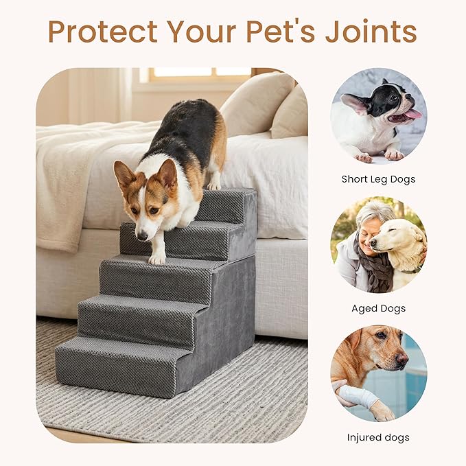 HealSmart Dog Stairs for Small Dogs, 5-Step Design Pet Steps for Puppies and Senior Cats, Versatile Indoor Pet Ramp Suitable for Sofa Couch and Chair, Non-Slip High-Density Foam Pet Ladder, Gray