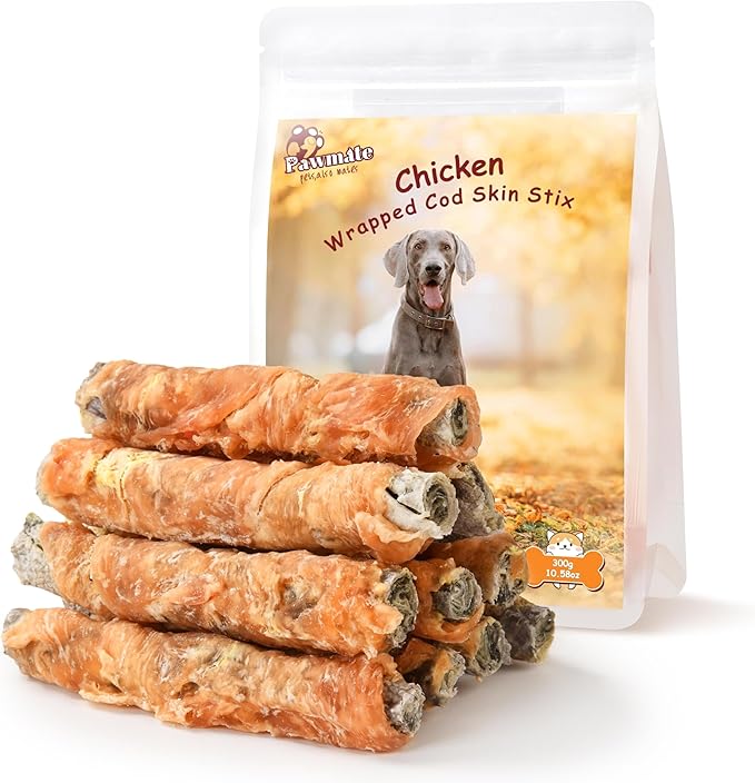 Pawmate Dog Treats Chicken Wrapped Cod Fish Skin Sticks, Healthy High Protein Omega3 Cod Twist Dog Chews Real Chicken Wrap Teeth Cleaning for Large Medium Small Breeds, 10.6 oz