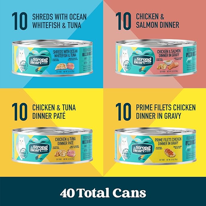 A Strong Heart Wet Cat Food Variety Pack, 4 Flavor Chicken & Seafood Patés & Shreds in Gravy Recipes, Made with Real Chicken & Fish, Made in The USA, 5.5oz Can (40 Count)