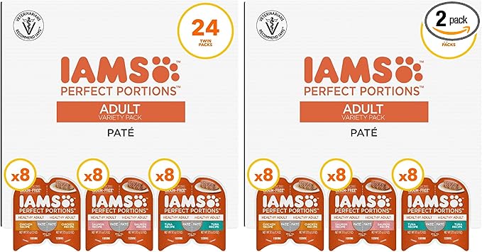 IAMS Perfect Portions Adult Wet Cat Food Pate, Chicken, Salmon, and Tuna Recipe Variety Pack, 2.6 oz. Easy Peel Twin-Package Trays (, 48 Servings), 24 Count (Pack of 2)