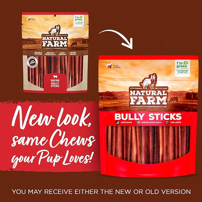 Natural Farm Odor-Free Bully Sticks, 7-Inch Long, 20 Count Bag, 100% Beef Pizzle Chew Treats for Medium & Large Dogs Dogs