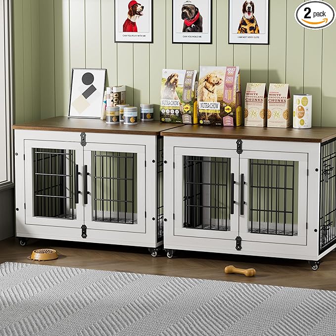Lulive Dog Crate Furniture Set of 2, Dog Kennel Indoor Double Doors Wooden Dog Cage, 32'' Heavy Duty Dog Crate with Cushion & Wheels, End Table Pet House Chew-Resistant Up to 45 lb, White