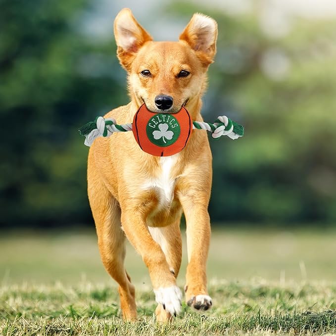 NBA BOSTON CELTICS Basketball Toy. - Tough Nylon Pet Toy with Tug Ropes & inner Squeaker