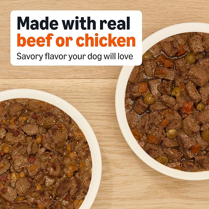 Amazon Basics Wet Dog Food Cuts in Gravy Variety Pack, Bacon Cheeseburger Flavor and Country Stew Flavor, Made with Real Beef and Chicken, 13.2 oz can (6 cans of Each Flavor, 12 cans in Total)
