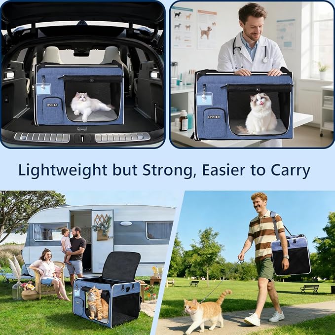 Petskd Extra Large Cat Carrier with Litter Box for Car Travel,24"x17"x17"Portable Soft-Sided Pet Carrier with Zipper Locks for Large Mudium Cats or 2 Small Cats Under 55LBS(Blue)