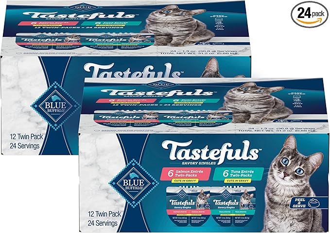 Blue Buffalo Tastefuls Savory Singles Natural Wet Cat Food Variety Pack, Salmon & Tuna Cuts in Gravy, 2.6-oz. Twin-Pack Trays (24 Count, 12 of Each)