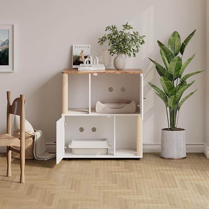 Double Litter Box Enclosure for 2 Cats, 2 Tier Litter Box Enclosure Furniture with Scratching Post and Dual Mats,Wood Cat Kitty House Cabinet,Modern Style