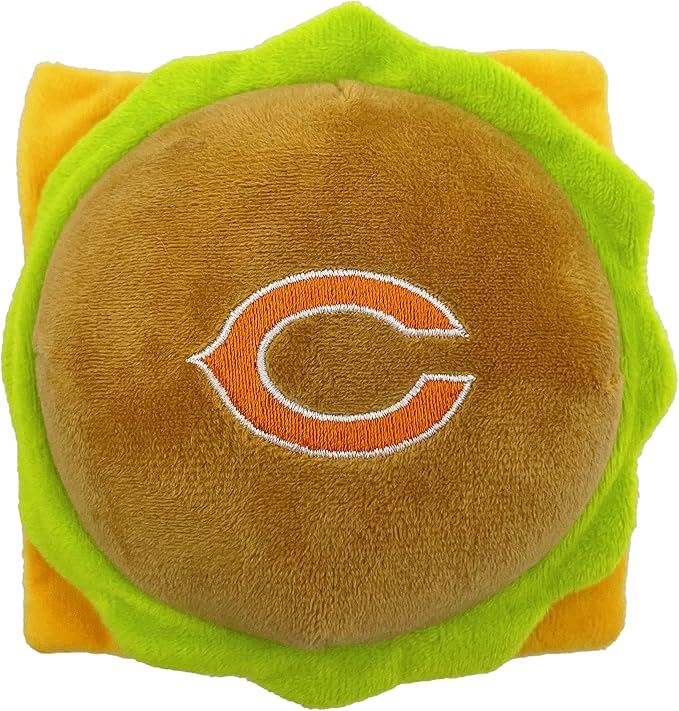 NFL Chicago Bears Cheese Burger Plush Dog & CAT Squeak Toy - Cutest Stadium HAMBERGER Snack Plush Toy for Dogs & Cats with Inner Squeaker & Beautiful Football Team Name/Logo