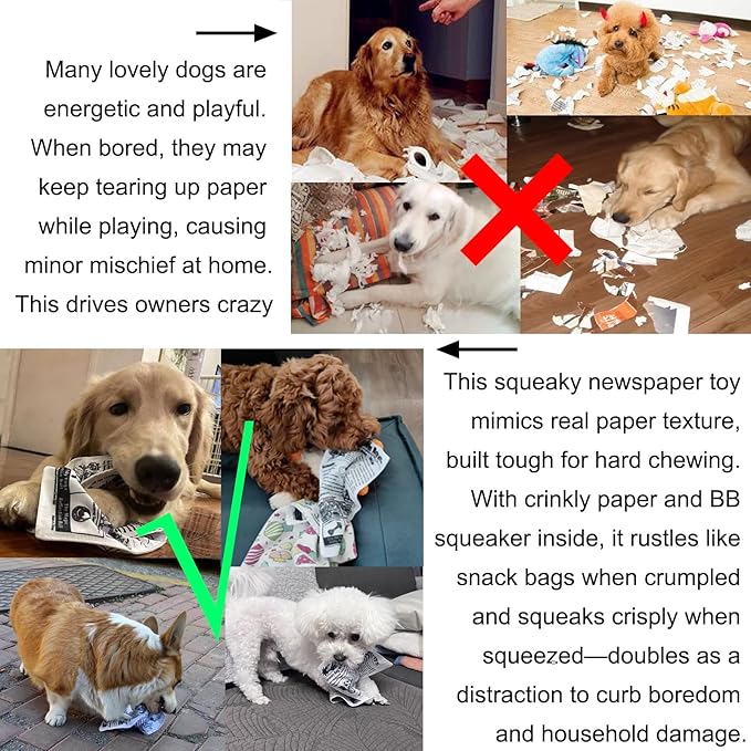 2 PCS Plastic Creaks Newspaper Crinkle Dog Pet Chew Toys, 600D Oxford Fabric Washable Bite-Resistant Fun Interactive Tug of War for Dog (Upgarded (Built-in BB Squeaker Crinkle Paper))