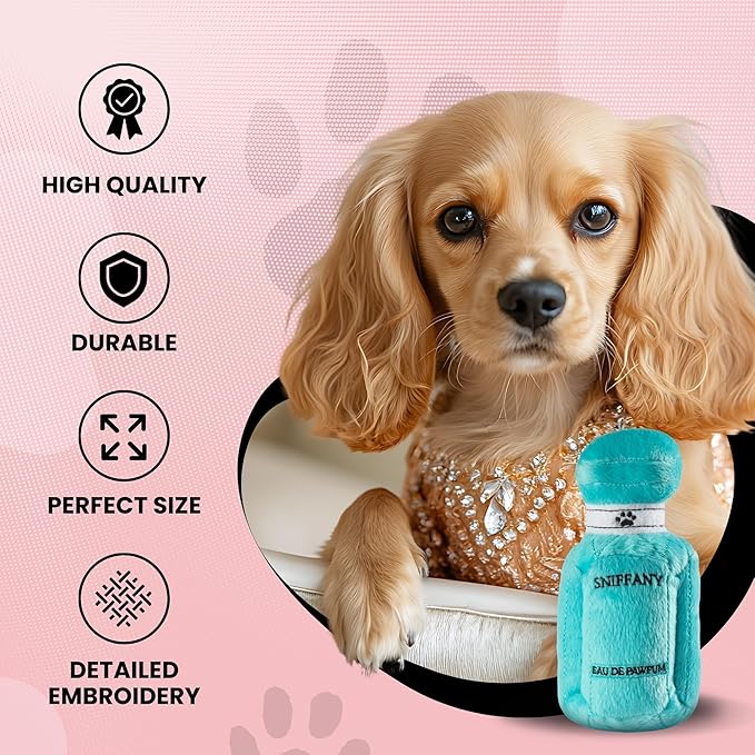 Dog Diggin Designs Sniffany & Co Pawfum Plush Dog Toy Bottle | Luxury-Inspired Parody Perfume Bottle with Built-in Squeaker, Soft Plush Fashion Dog Toy – Prêt-à-Porter Playtime Essential