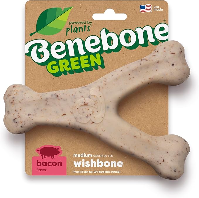 Benebone Green Plant-Based Real Bacon Wishbone Dog Chew Toy for Medium Dogs, Dog Bones for Moderate Chewers, Made in USA