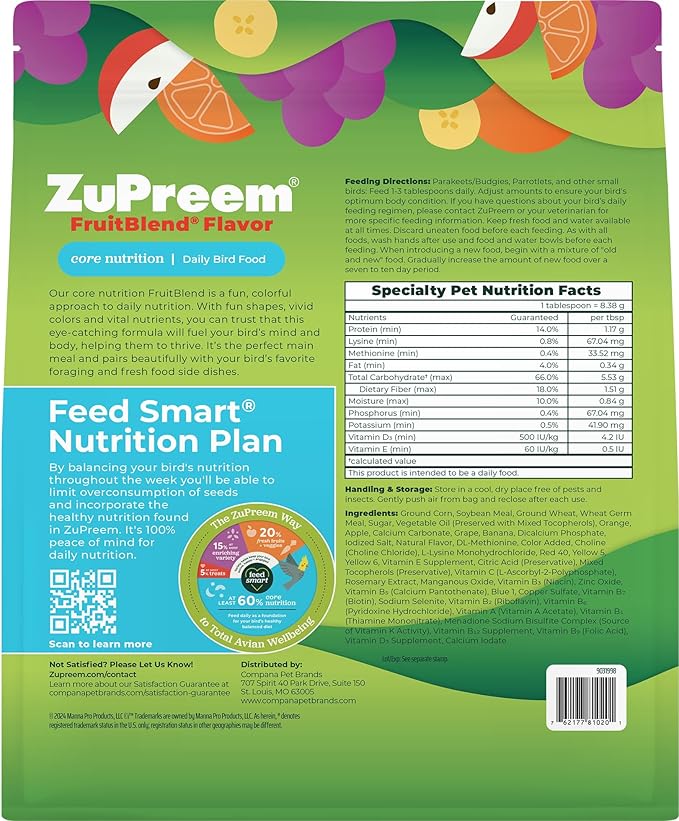 ZuPreem FruitBlend Small Bird Pellets – Vitamin Fortified Diet for Parakeets, Budgies & Parrotlets, 2 lb (Pack of 2)