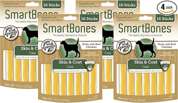 SmartBones Skin and Coat Care Sticks, Rawhide-Free Chews for Dogs, with Omega Fatty Acids, 16 Count (Pack of 4)