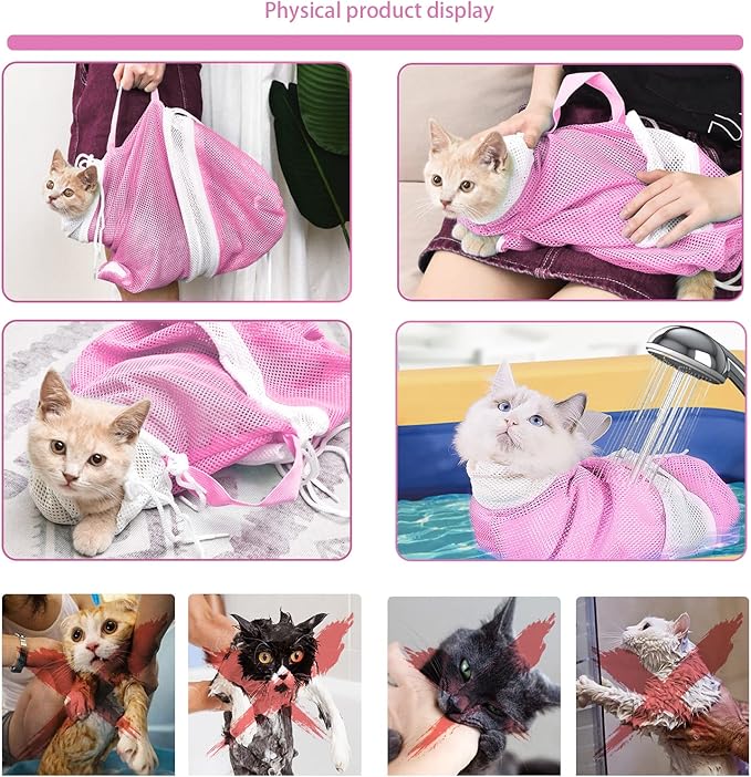 Adjustable Multifunctional Anti-Bite Shower Net, Cat Grooming Mesh Bag, Cat Bath Brush and Pet Finger Toothbrush (B-Pink)