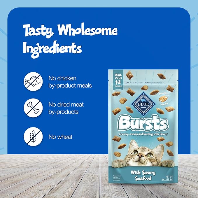 Blue Buffalo Bursts Crunchy & Creamy Cat Treats, Great for Training, Savory Seafood, 5-oz Bag (Pack of 6)