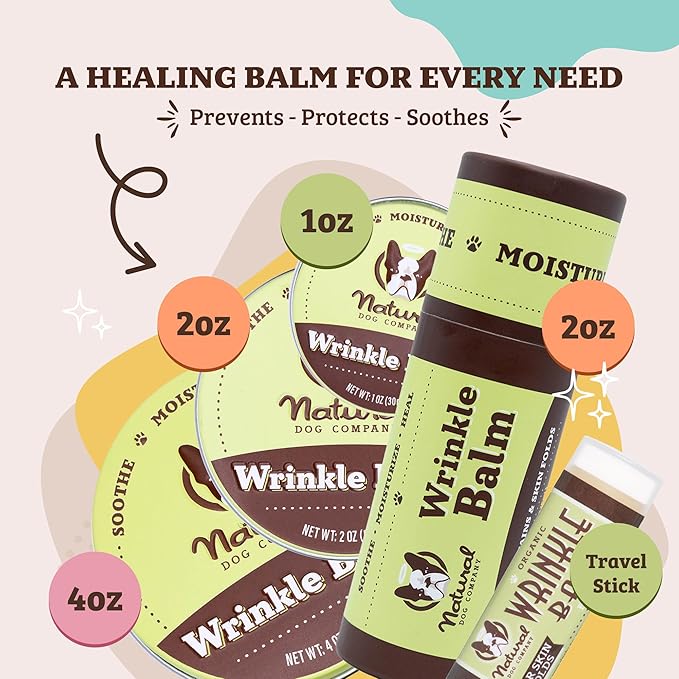 Natural Dog Company Wrinkle Balm for Dog Wrinkles (2oz Tin) All-Natural, Lick-Safe Dog Lotion for Dry Itchy Skin, French Bulldog Skin Care, Moisturizes & Cleans Wrinkle Folds, Plant-Based, Made in USA