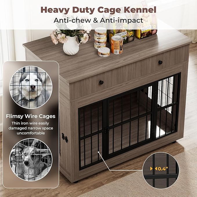 40 inch Dog Crate Furniture-Farmhouse Dog Kennel with Drawers-Heavy Duty End Table Wooden Pet Crate, Decorative Dog House Indoor for Small Medium Large Dog, Oak Grey