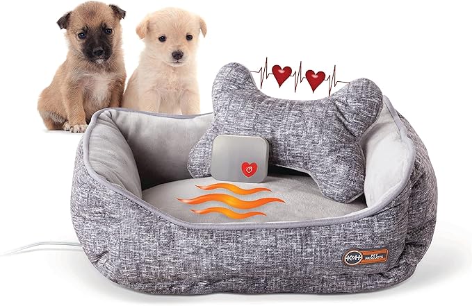 K&H Pet Products Mother’s Heartbeat Heated Puppy Bed Heated Bed + Bone Pillow Gray Medium Breed Heartbeat 13 X 16 Inches