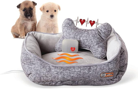 K&H Pet Products Mother’s Heartbeat Heated Puppy Bed Heated Bed + Bone Pillow Gray Medium Breed Heartbeat 13 X 16 Inches