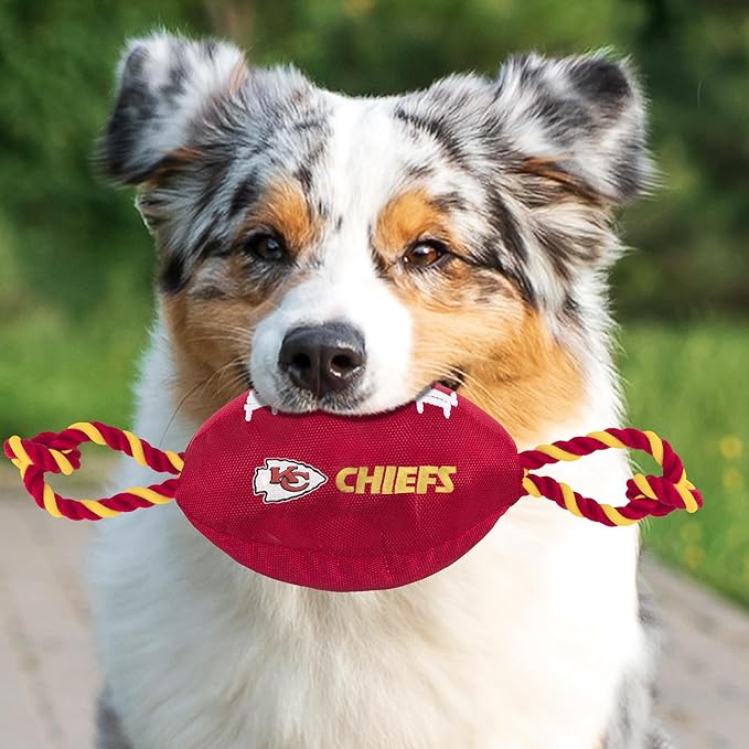 Pets First NFL Kansas City Chiefs Football Dog Toy, Tough Quality Nylon Materials, Strong Pull Ropes, Inner Squeaker, NFL Team Color