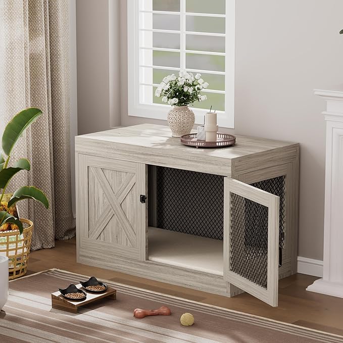 Xilingol Corner Dog Crate Furniture with Double Doors, 36 Inch Wooden Dog Kennel End Table Indoor with Mesh, Cage/House for Small Medium Large Dog, Decorative Pet Crate Indoor Use, Grey