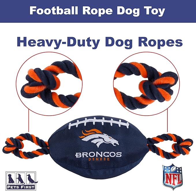 Pets First NFL Denver Broncos Football Dog Toy, Tough Quality Nylon Materials, Strong Pull Ropes, Inner Squeaker, NFL Team Color